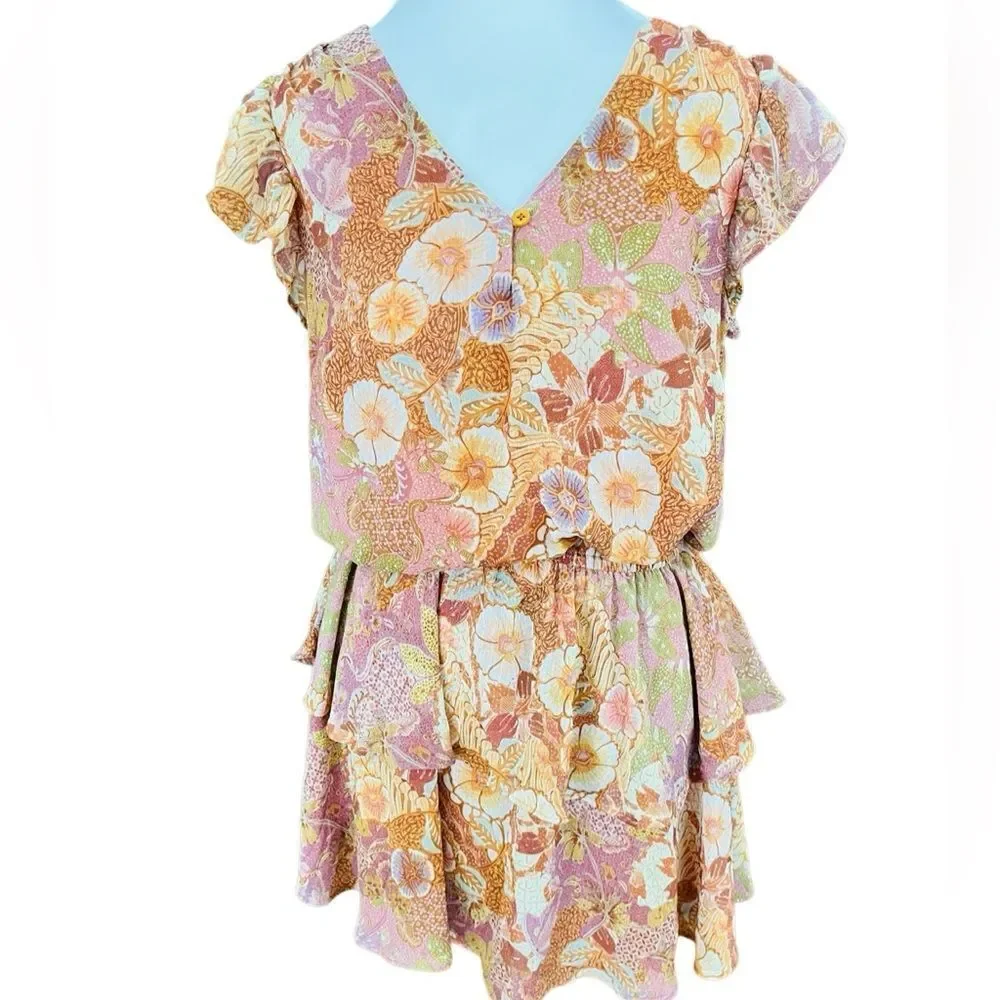Olivaceous orange floral v neck blouson style  elastic waist ruffled dress , M.